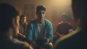 Young caucasian man sitting in a support group, talking to others.