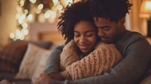 Happy young African American couple hugging and enjoying each other together on the sofa at home.