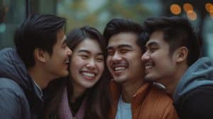 Polyamory - one woman and three men - in a polyamorous relationship, stood together hugging and smiling. Image by freepik.