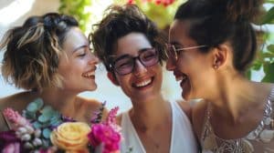Medium shot 3 women in polyamorous relationship, stood together smiling at each other. Image by freepik.